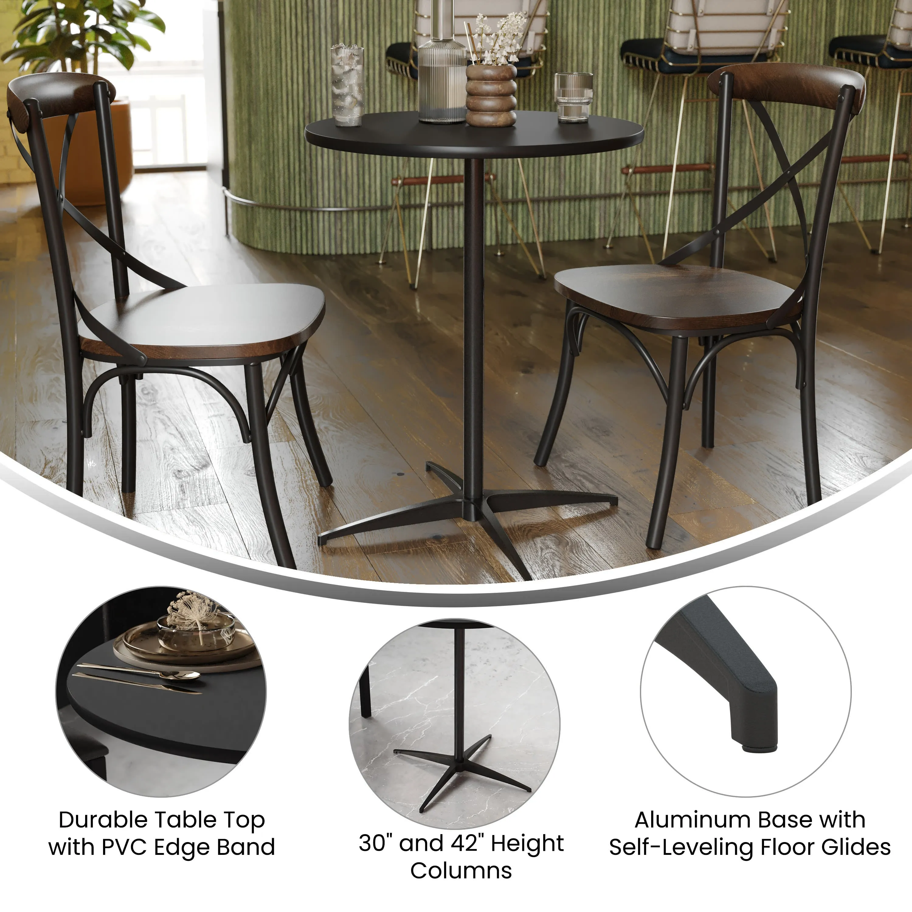24'' Round Wood Cocktail Table with 30'' and 42'' Columns