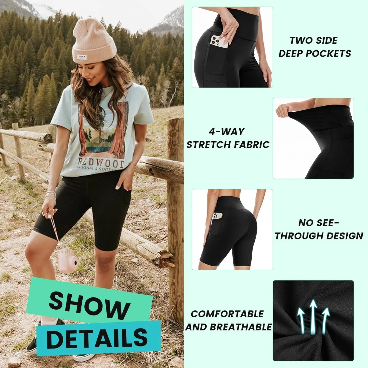 3 Pack Biker Shorts with Pockets for Women  8"/5" High Waisted Tummy Control Workout Spandex Shorts for Gym Yoga