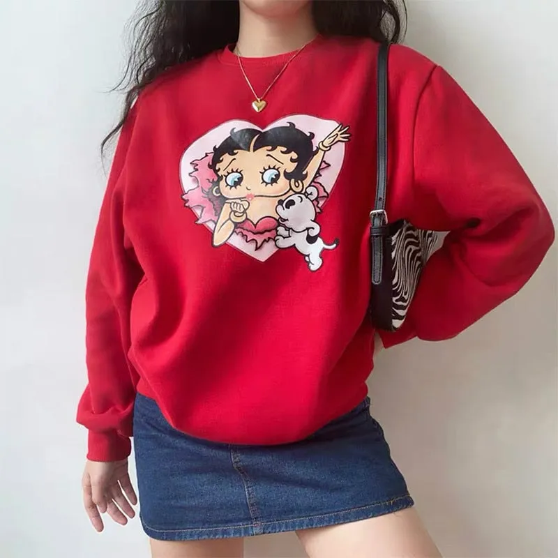 80s 90s American Vintage Cartoon Print Girl's Pullover Autumn Thick Warm Long Sleeve Hoodies Plus Size Loose Women Sweatshirts
