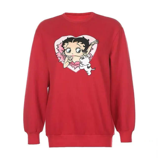 80s 90s American Vintage Cartoon Print Girl's Pullover Autumn Thick Warm Long Sleeve Hoodies Plus Size Loose Women Sweatshirts