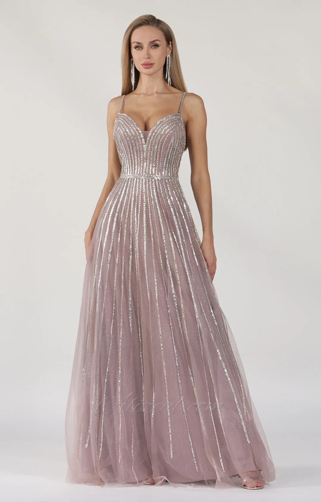 A-Line V-Neck Open Back Spaghetti Straps Rhinestone Floor-Length Dress
