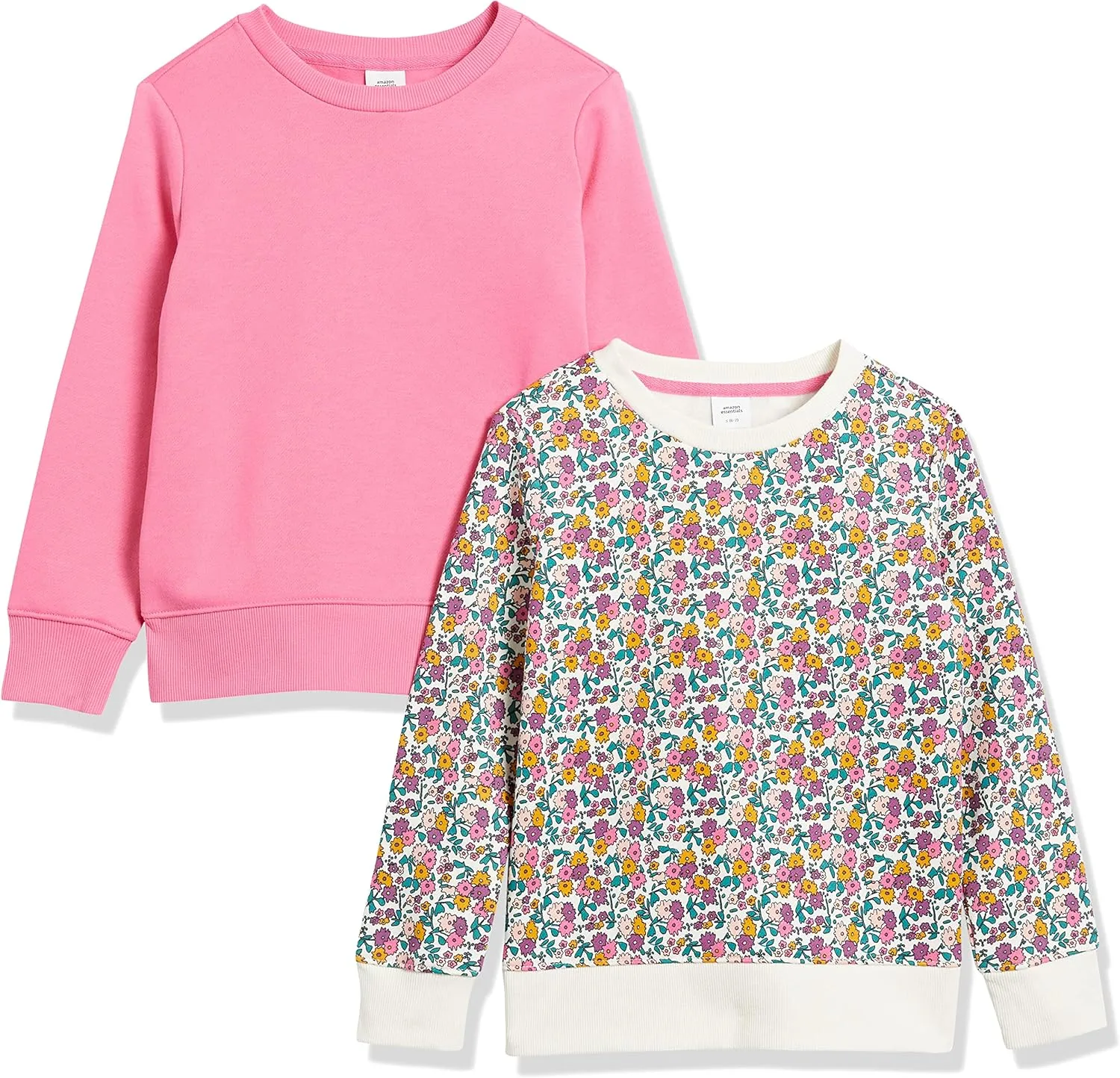 Amazon Essentials Girls and Toddlers' Fleece Crewneck Pullover Sweatshirts, Pack of 2