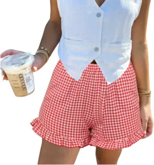 Aoulaydo Boxer Shorts for Women Pajama Gingham Shorts Casual Lounge Sleep Plaid Y2K Beach Bottoms for 2025 Summer