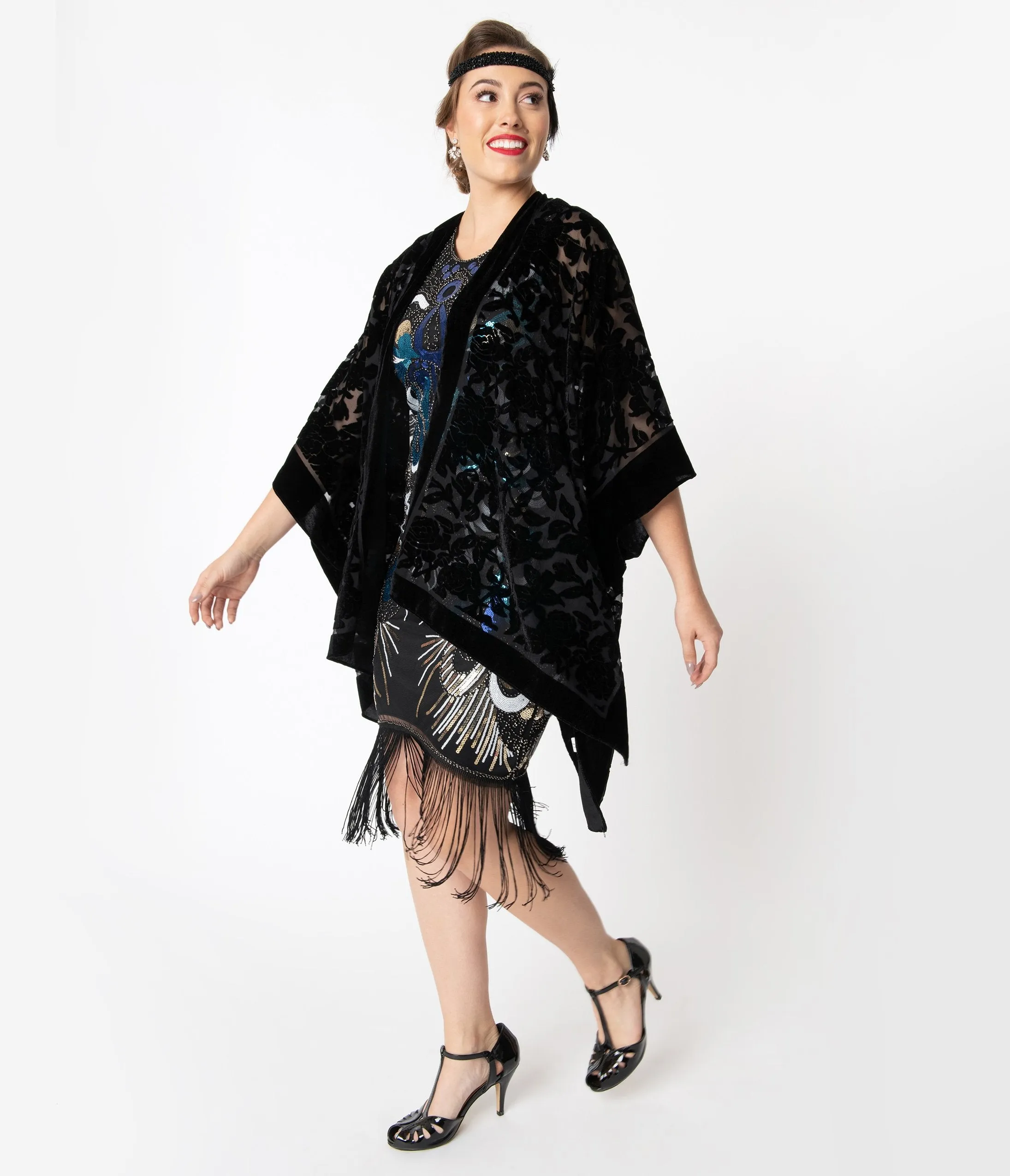 Black Burnout Velvet Floral Kimono