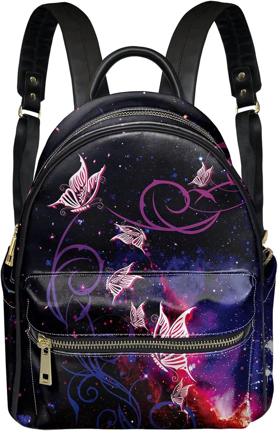 Bling Butterflies Design Schoolbag with Zipper Around,PU Leather Comfortable Shoulder Bag for Women Girls Portable Backpack, Softy Casual Travel Daypack Purse