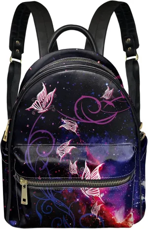 Bling Butterflies Design Schoolbag with Zipper Around,PU Leather Comfortable Shoulder Bag for Women Girls Portable Backpack, Softy Casual Travel Daypack Purse