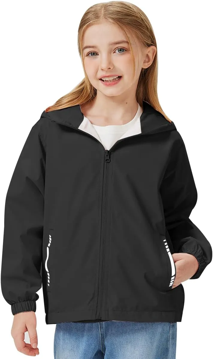 Boys Girls Waterproof Rain Jacket Lightweight soft lining Kids Windbreaker Hooded Coat Easy to Fold