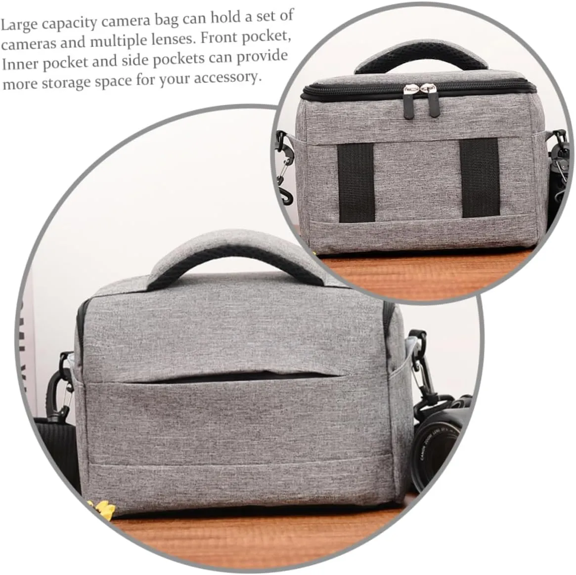 Camera Shoulder Bag Storage Pouch Large Capacity for Dslr and Lenses Front Inner Pockets Comfortable Handle Adjustable Straps Gray Versatile Camera Case