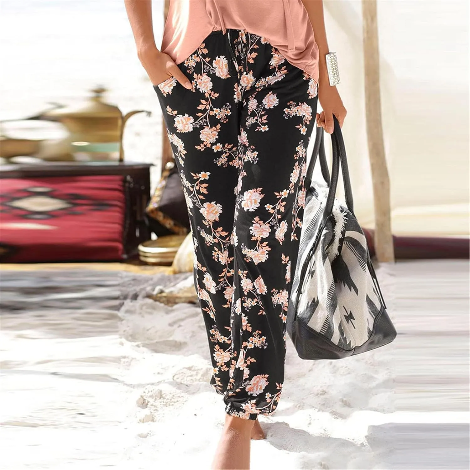 Casual Women's High Waist Printed Pants Loose Easy Trousers Boho Summer Beach Pants with Pockets