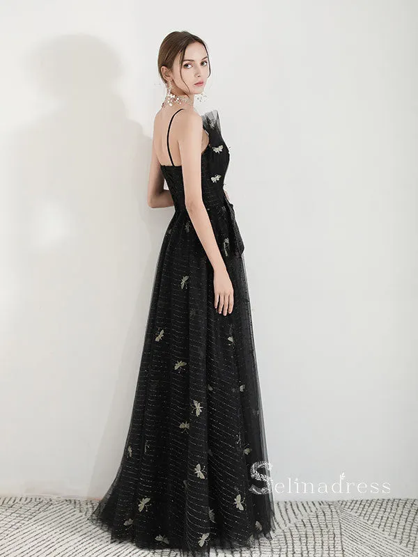 Chic A-line Spaghetti Straps Black Long Prom Dresses Unique Evening Dress MSK007