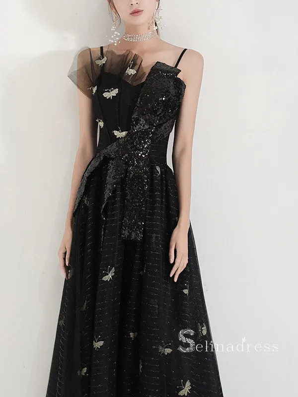 Chic A-line Spaghetti Straps Black Long Prom Dresses Unique Evening Dress MSK007