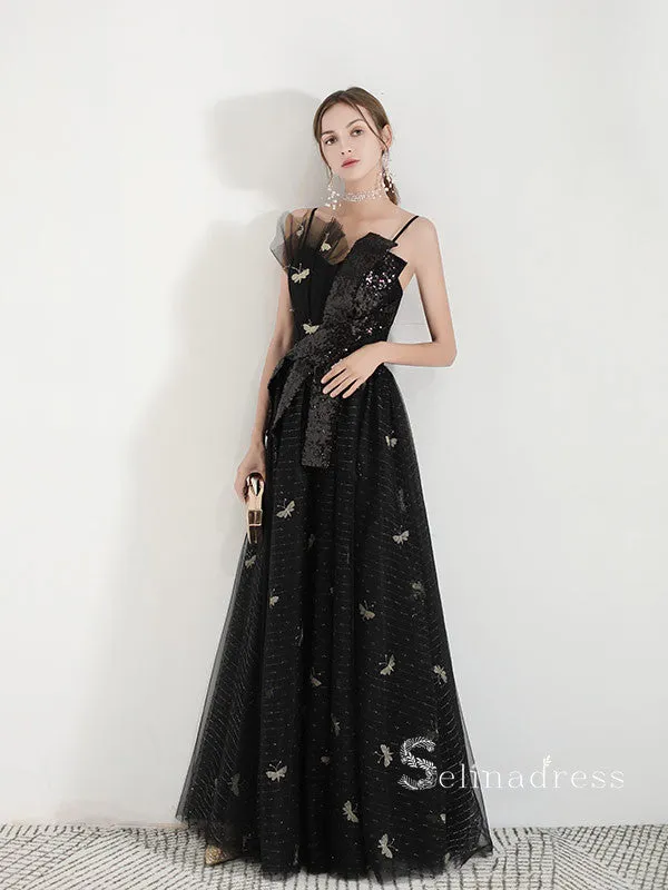 Chic A-line Spaghetti Straps Black Long Prom Dresses Unique Evening Dress MSK007