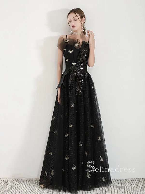 Chic A-line Spaghetti Straps Black Long Prom Dresses Unique Evening Dress MSK007