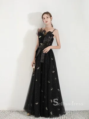 Chic A-line Spaghetti Straps Black Long Prom Dresses Unique Evening Dress MSK007