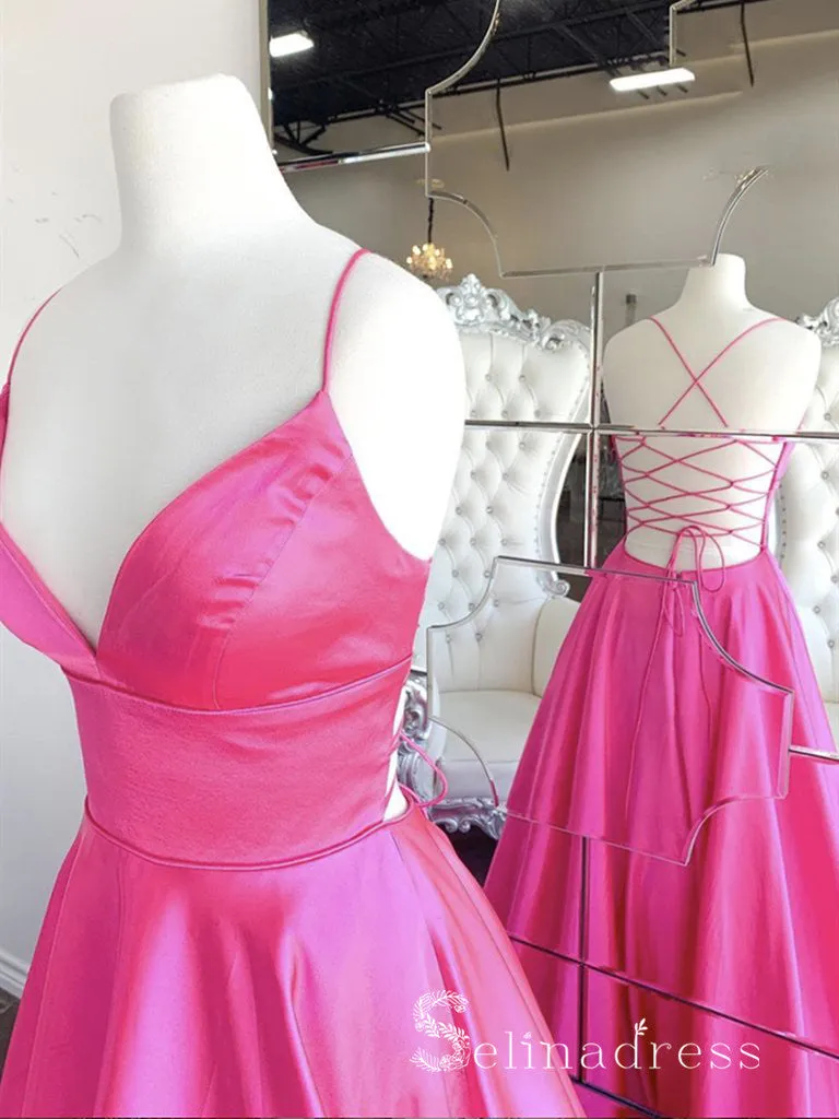 Chic A-line Spaghetti Straps Fuchsia Prom Dresses Satin Prom Dress Evening Dress CBD253
