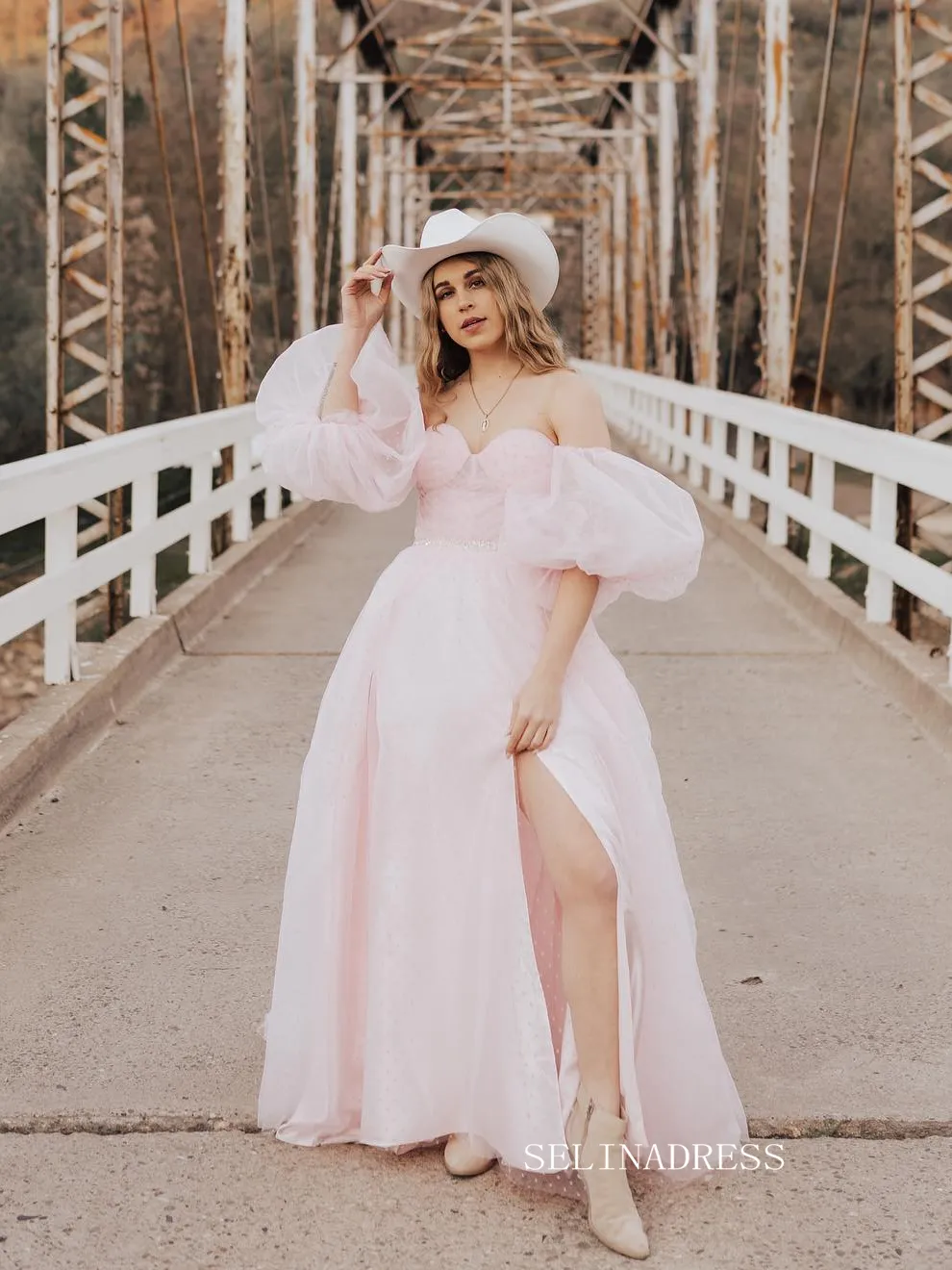 Chic A-line Sweetheart Puff Sleeve Long Prom Dresses Formal Dress JKSS506