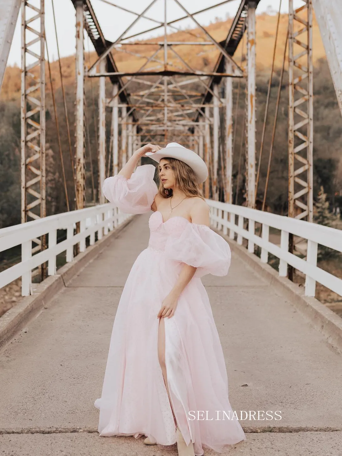 Chic A-line Sweetheart Puff Sleeve Long Prom Dresses Formal Dress JKSS506