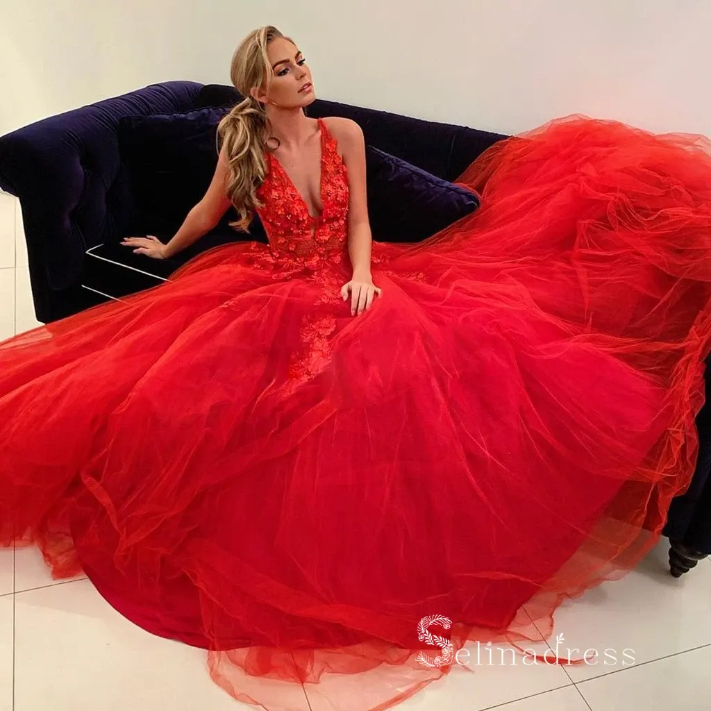 Chic A-line V neck 3D Floral Lace Long Prom Dress Red Evening Gowns MHL168