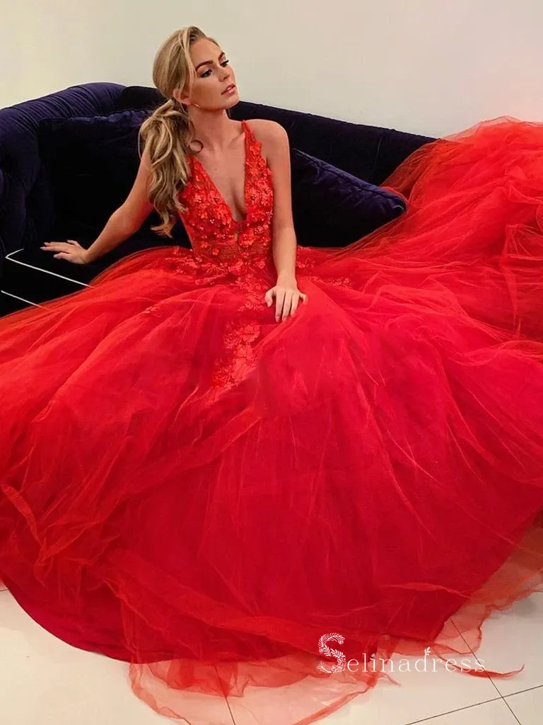 Chic A-line V neck 3D Floral Lace Long Prom Dress Red Evening Gowns MHL168