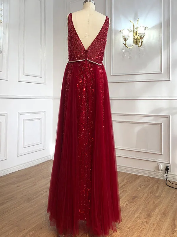 Chic A-line V neck Long Sleeve Beaded Evening Dress Elegant Long Prom Dresses sew03371