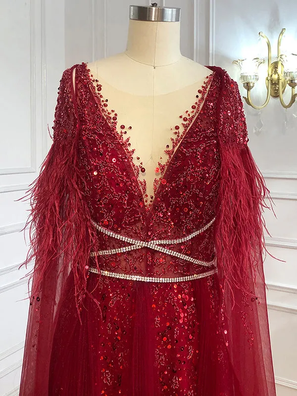 Chic A-line V neck Long Sleeve Beaded Evening Dress Elegant Long Prom Dresses sew03371