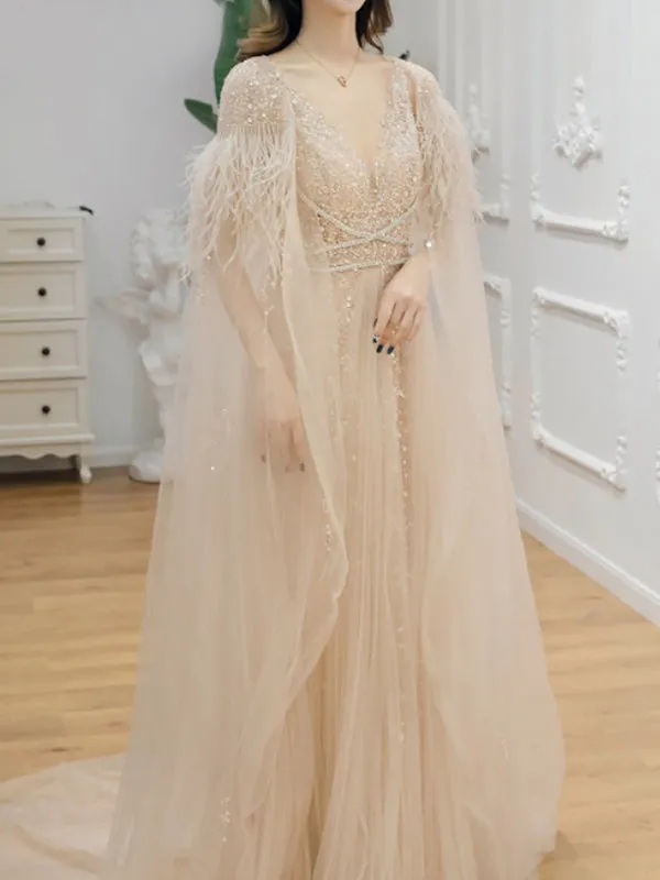 Chic A-line V neck Long Sleeve Beaded Evening Dress Elegant Long Prom Dresses sew03371