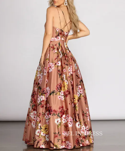 Chic Beautiful A-line Spaghetti Straps Long Prom Dresses Pink Flower Evening Dresses jkw234