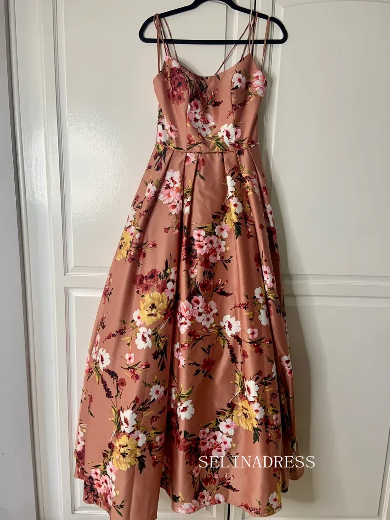 Chic Beautiful A-line Spaghetti Straps Long Prom Dresses Pink Flower Evening Dresses jkw234