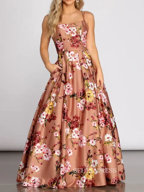 Chic Beautiful A-line Spaghetti Straps Long Prom Dresses Pink Flower Evening Dresses jkw234