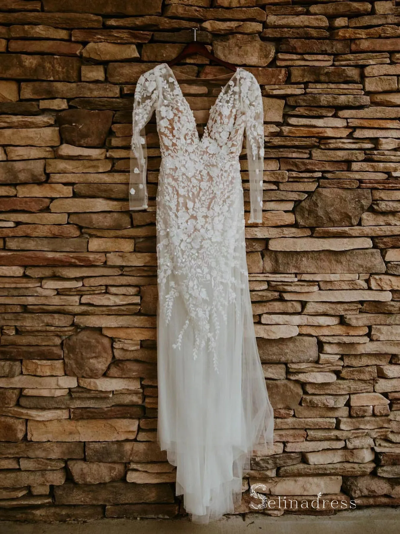 Chic Mermaid Bateau Long Sleeve Rustic Country Wedding Dresses HKL0135