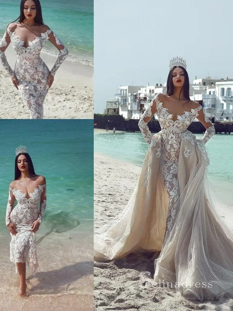 Chic Mermaid Off-the-shoulder Long Sleeve Rustic Beach Lace Detachable Train Wedding Dresses MLH0497