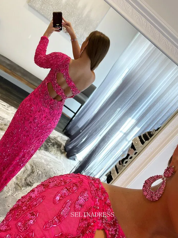Chic Sheath/Column One Shoulder Fuchsia Long Prom Dresses Beaded Evening Dresses Pageant Dress TKL070