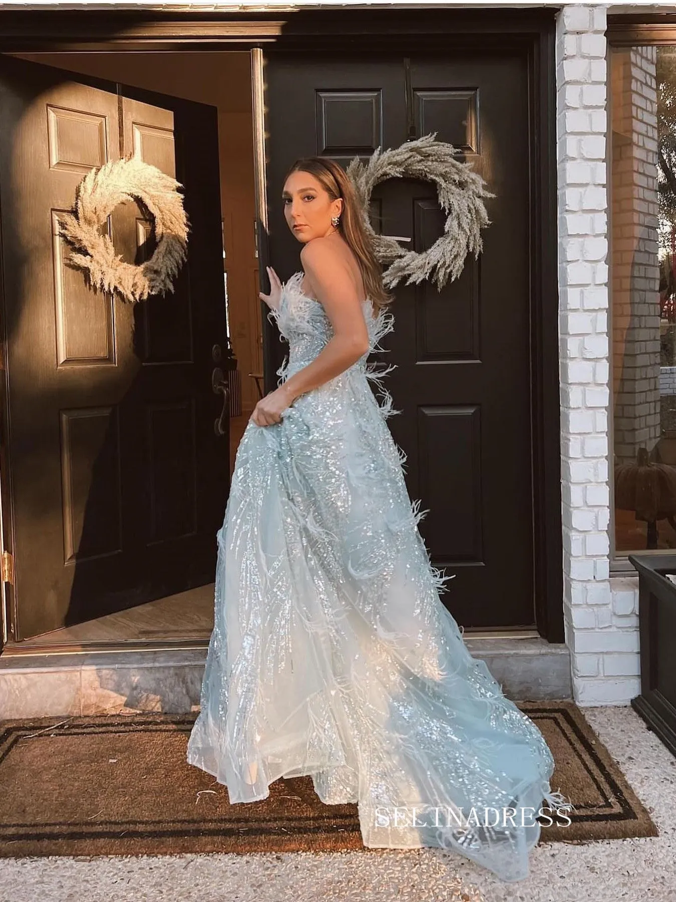 Chic Strapless Long Prom Dresses With Feather Elegant Light Sky Blue Evening Dress LPK094