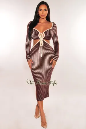 Chocolate White Ribbed Knit Keyhole Cut Out Slit Dress