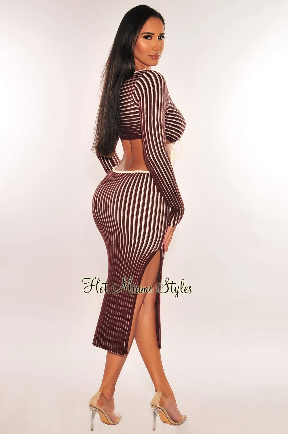 Chocolate White Ribbed Knit Keyhole Cut Out Slit Dress