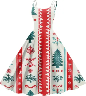 Christmas Dresses for Women 2024 Vintage Sleeveless Spaghetti Strap Dresses 1950s A-line Cocktail Midi Dress