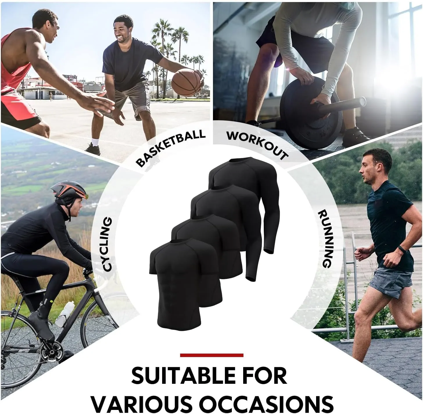 CL convallaria 4 Pack Compression Shirt Men Long Short Sleeve Cooling Dry Rash Guard Athletic T Shirt for Sports