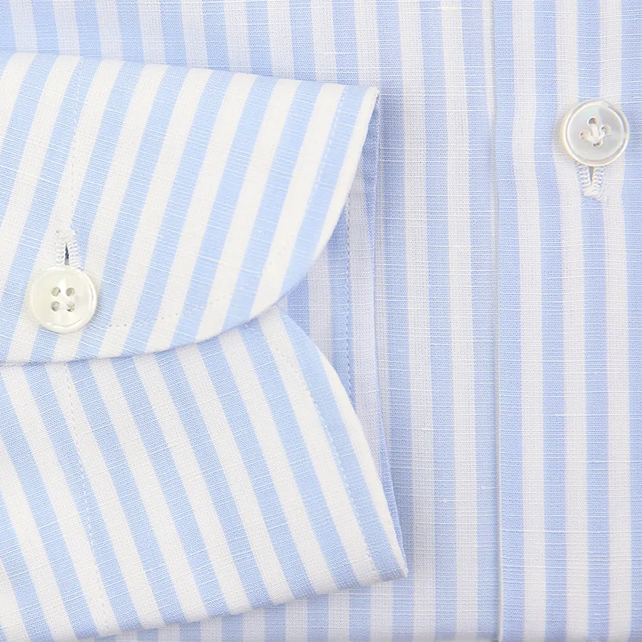 Cotton / Linen Semi Spread Shirt - White / Sky Blue - Butcher Stripe
