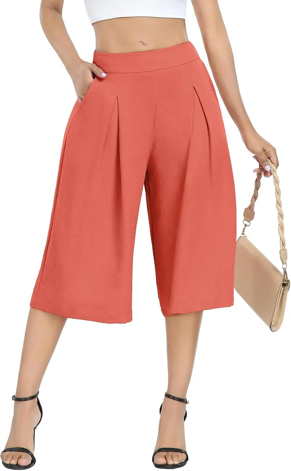 DILIUXING Women's Wide Leg Lounge Capri Pants with Pockets Lightweight High Waisted Loose Trouser