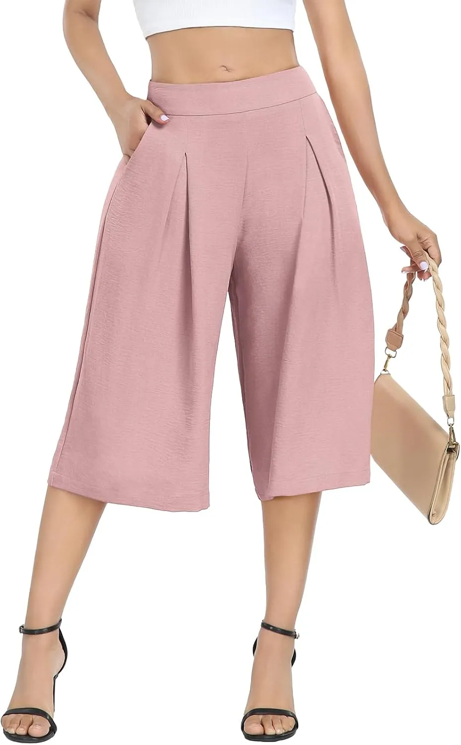 DILIUXING Women's Wide Leg Lounge Capri Pants with Pockets Lightweight High Waisted Loose Trouser