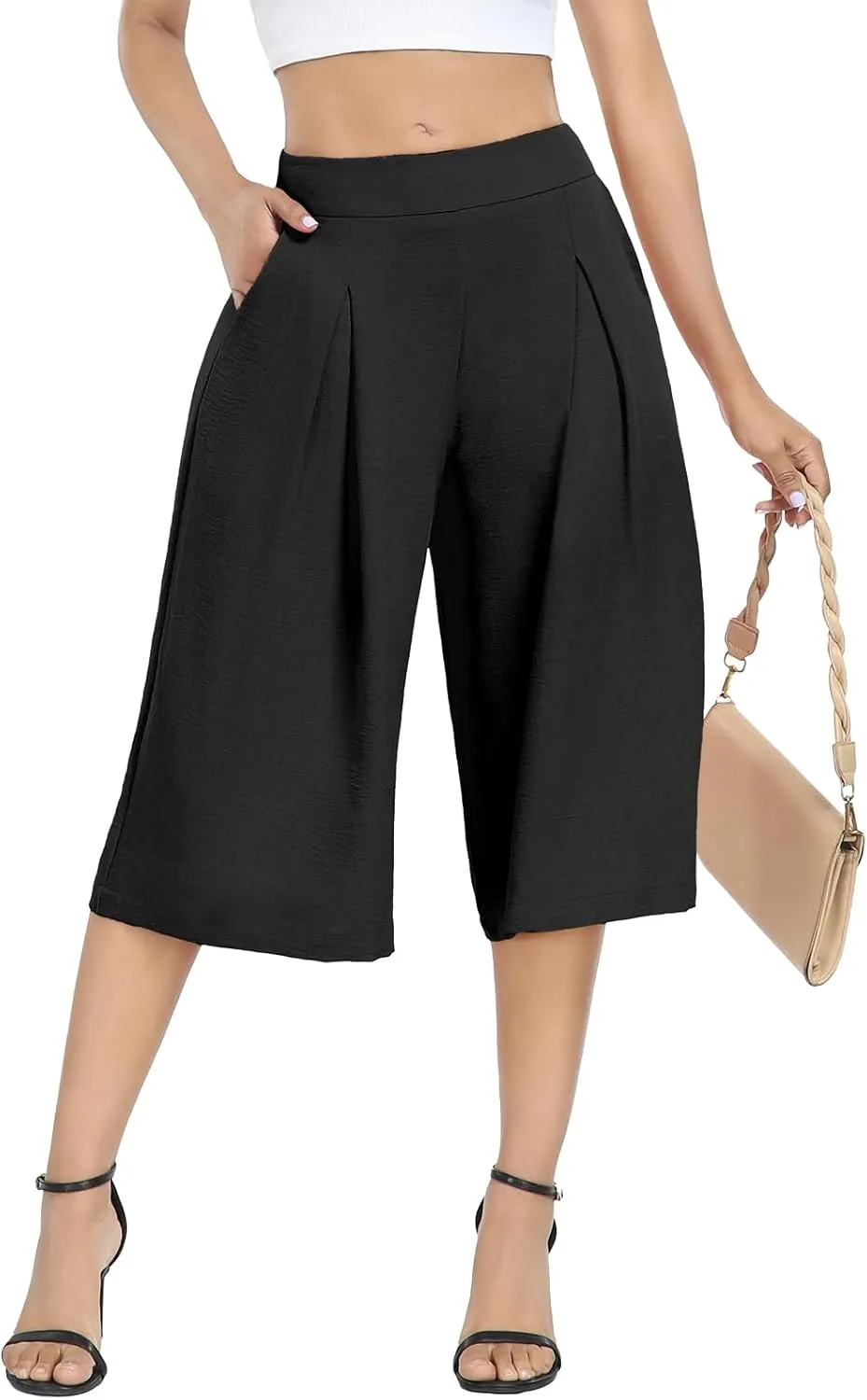 DILIUXING Women's Wide Leg Lounge Capri Pants with Pockets Lightweight High Waisted Loose Trouser