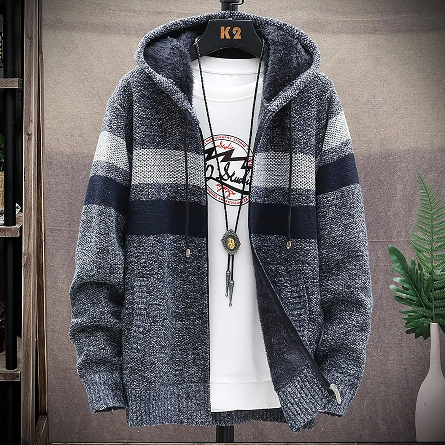 DuDubaby Fleece Lined Hoodie for Men Fall and Winter Casual Sweater Jacket Warm Knit Sweater Hooded Hoodie