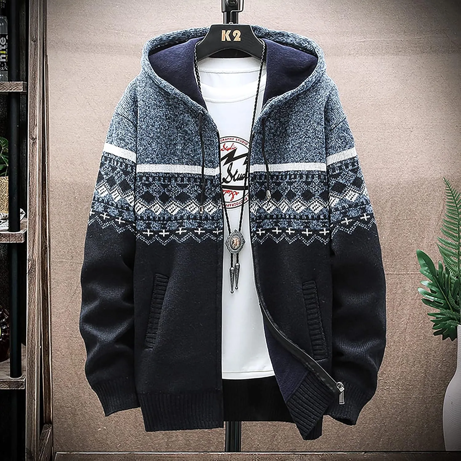 DuDubaby Fleece Lined Hoodie for Men Fall and Winter Casual Sweater Jacket Warm Knit Sweater Hooded Hoodie