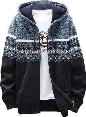 DuDubaby Fleece Lined Hoodie for Men Fall and Winter Casual Sweater Jacket Warm Knit Sweater Hooded Hoodie