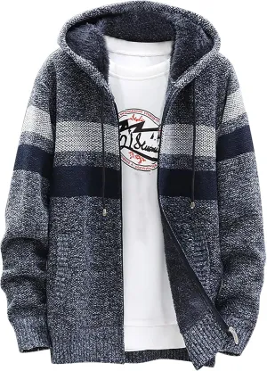 DuDubaby Fleece Lined Hoodie for Men Fall and Winter Casual Sweater Jacket Warm Knit Sweater Hooded Hoodie