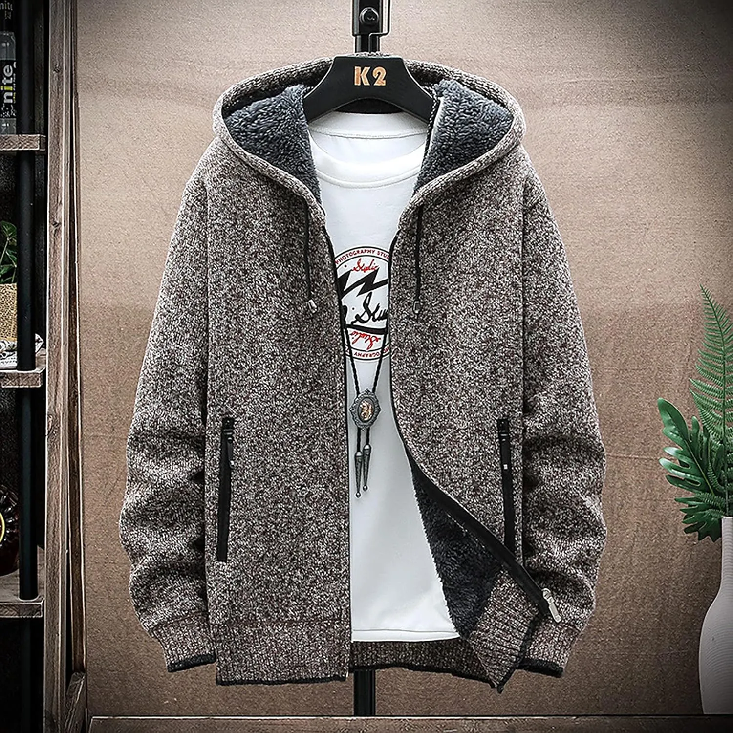 DuDubaby Fleece Lined Hoodie for Men Fall and Winter Casual Sweater Jacket Warm Knit Sweater Hooded Hoodie