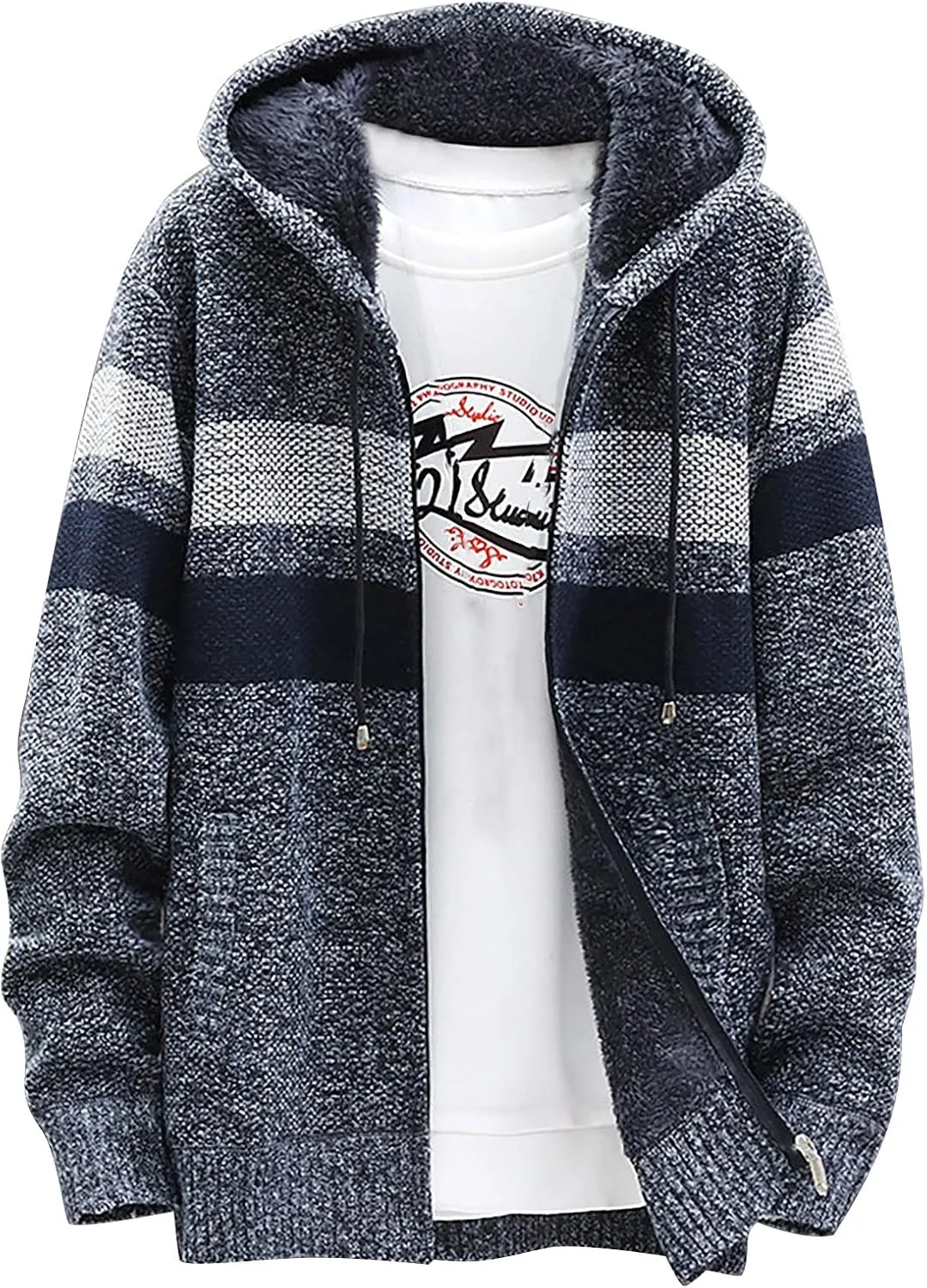 DuDubaby Fleece Lined Hoodie for Men Fall and Winter Casual Sweater Jacket Warm Knit Sweater Hooded Hoodie