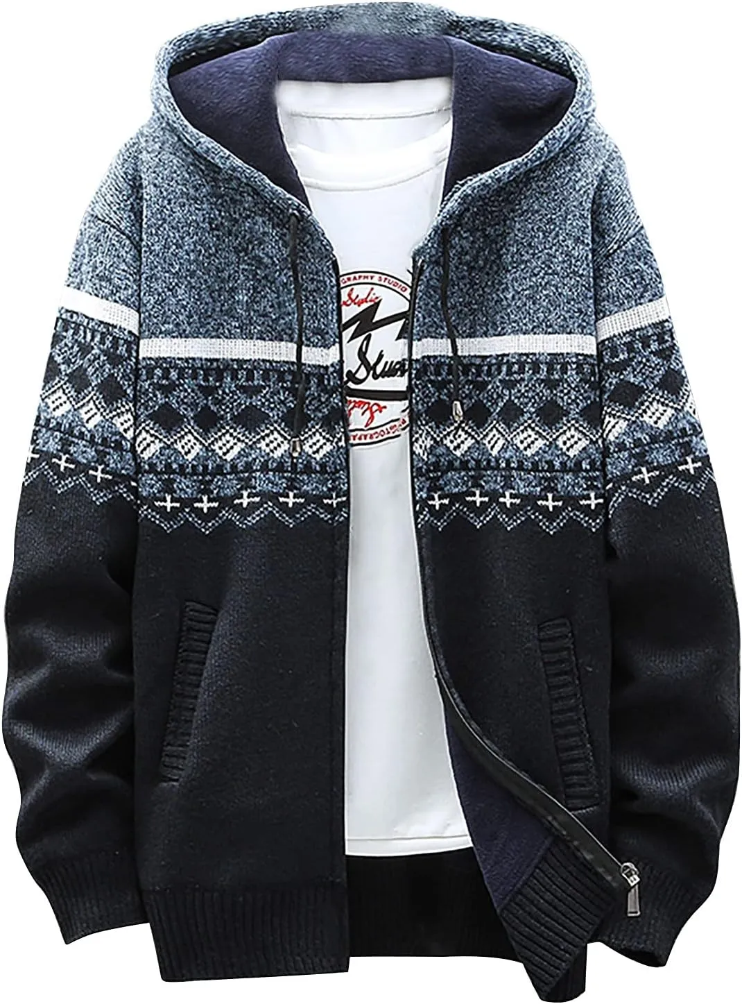 DuDubaby Fleece Lined Hoodie for Men Fall and Winter Casual Sweater Jacket Warm Knit Sweater Hooded Hoodie