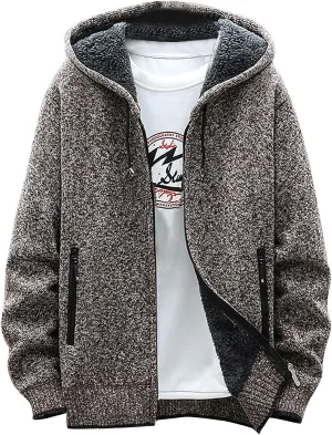 DuDubaby Fleece Lined Hoodie for Men Fall and Winter Casual Sweater Jacket Warm Knit Sweater Hooded Hoodie