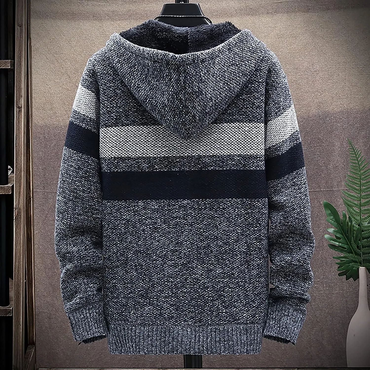 DuDubaby Fleece Lined Hoodie for Men Fall and Winter Casual Sweater Jacket Warm Knit Sweater Hooded Hoodie